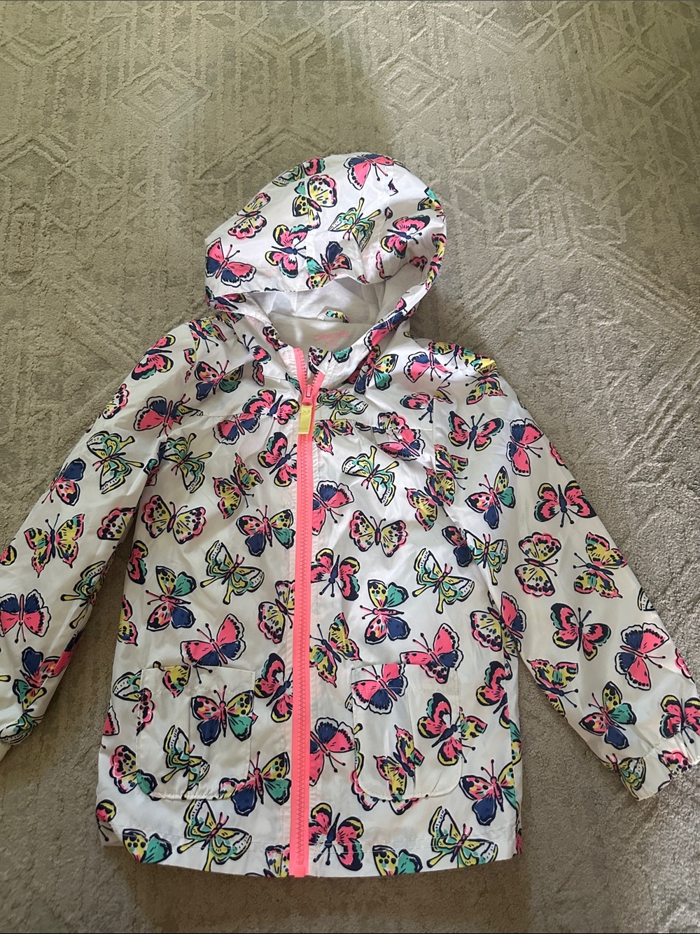 Cherokee White Hooded Raincoat with Pink Trim and Multicolor Butterfly Print